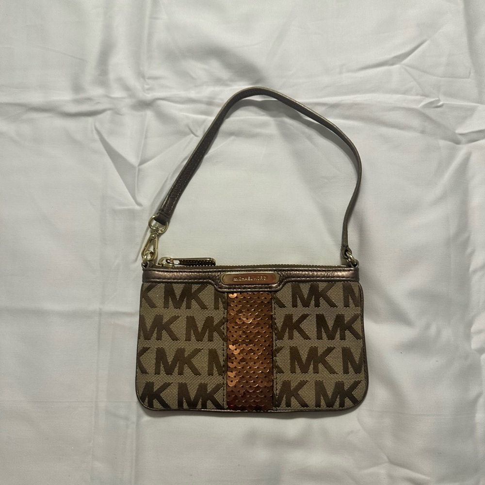 Michael Kors Tan and Gold Monogram Wristlet